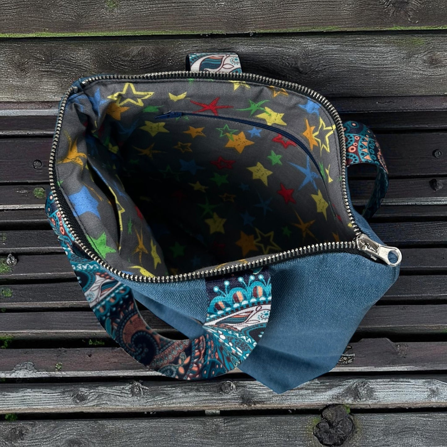 Colorful denim handbag with straps