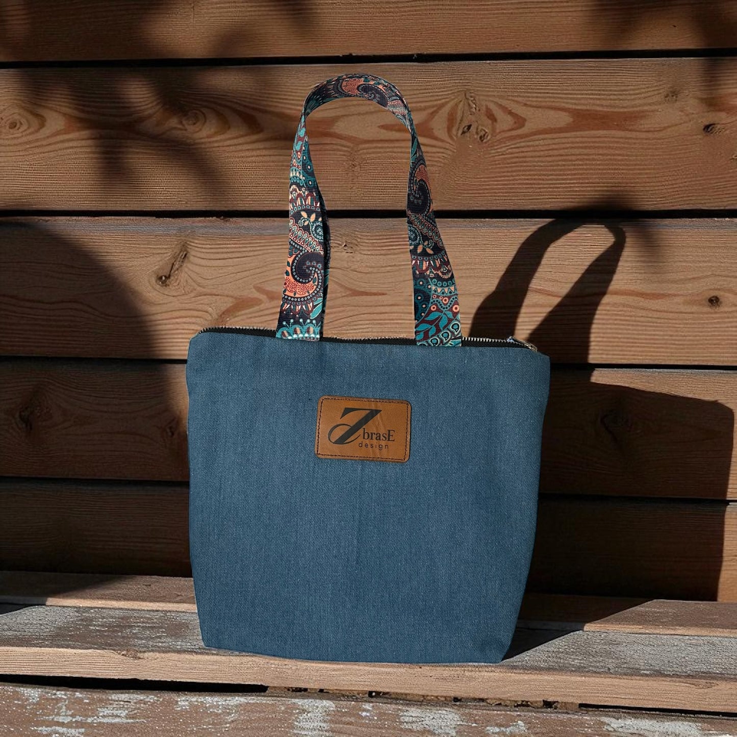 Colorful denim handbag with straps