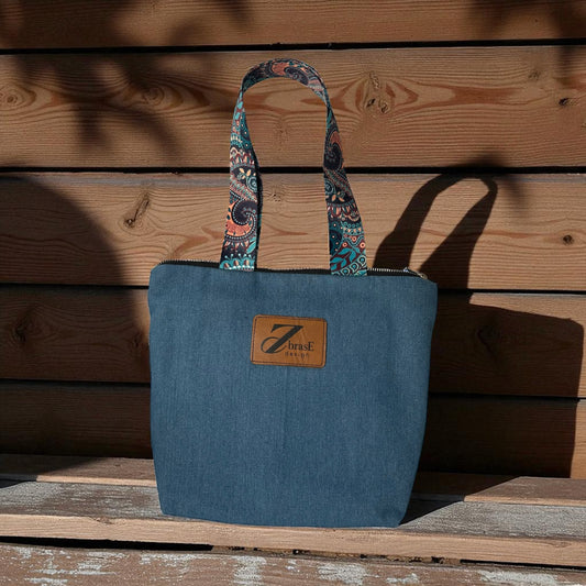 Colorful denim handbag with straps