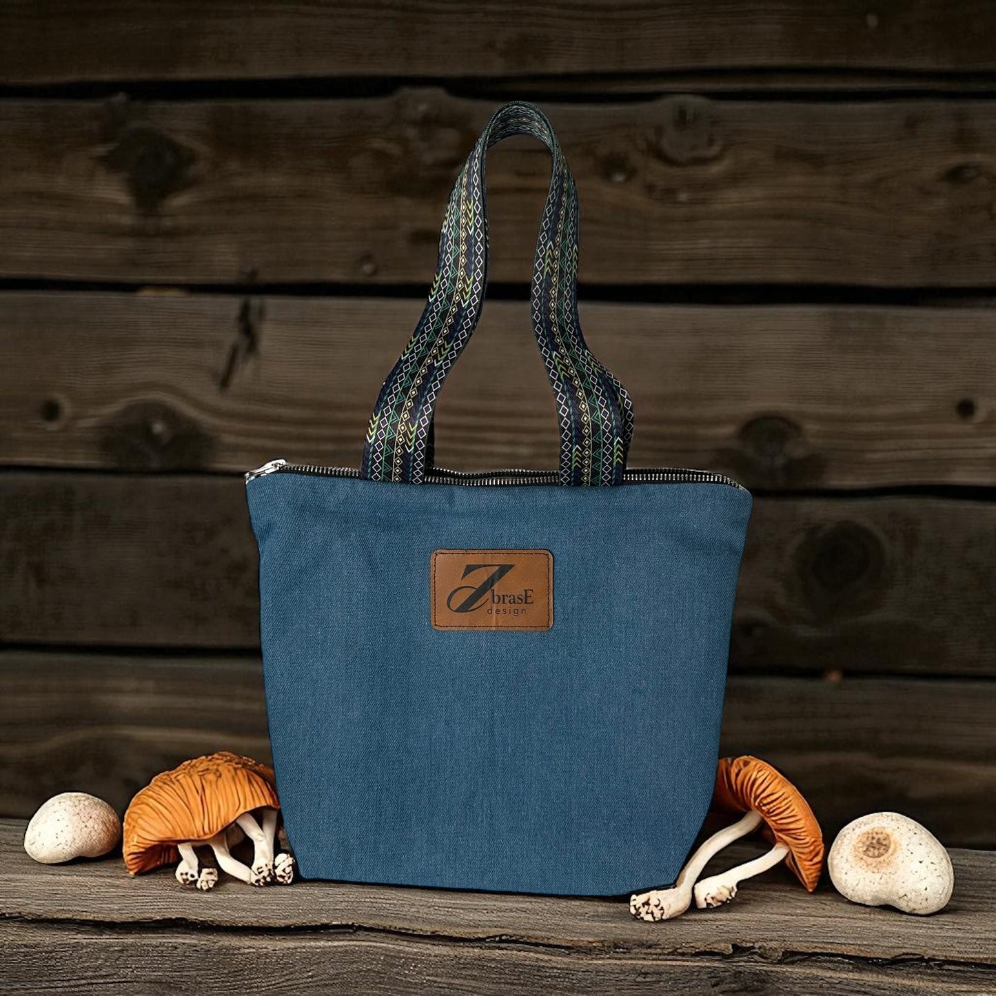 Handbag with patterned strap – made of dark blue denim canvas