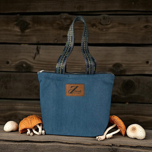 Handbag with patterned strap – made of dark blue denim canvas