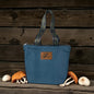 Handbag with patterned strap – made of dark blue denim canvas